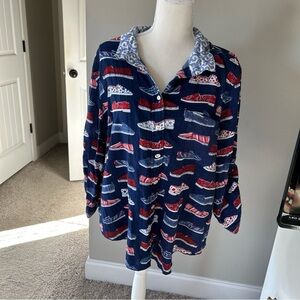 Vintage John Mark Navy Blue Button-Up Shirt with Red and White Sneaker Print